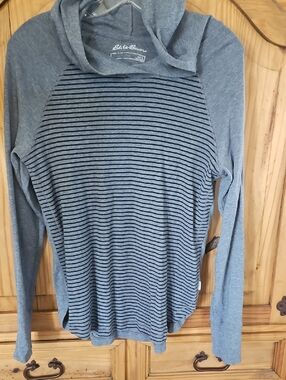 Eddie Bauer Grey and Black Striped Hooded Top